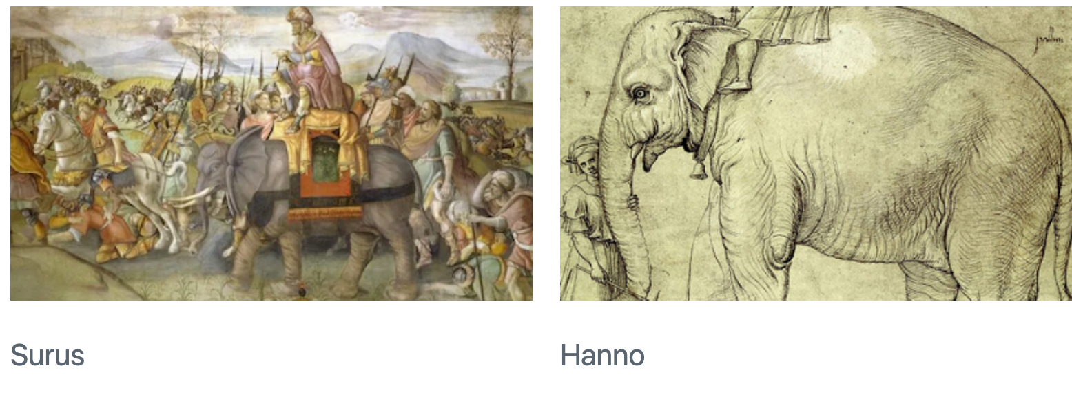 Una representación artística de dos elefantes, Surus y Hanno.