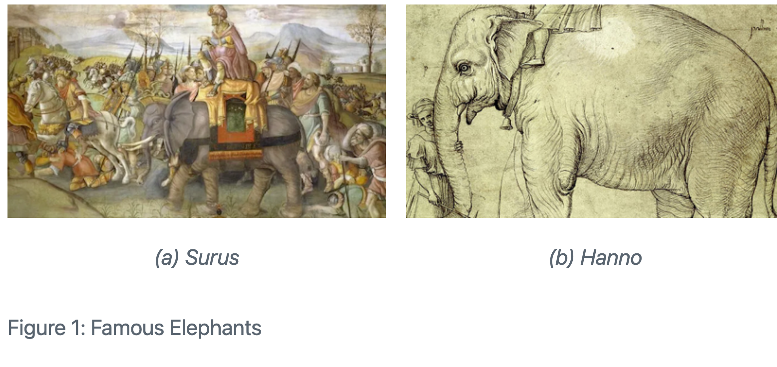 Una representación artística de dos elefantes, Surus y Hanno.