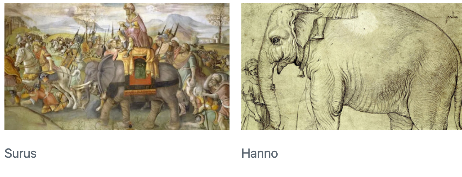 An artistic rendition of two elephants, Surus and Hanno.