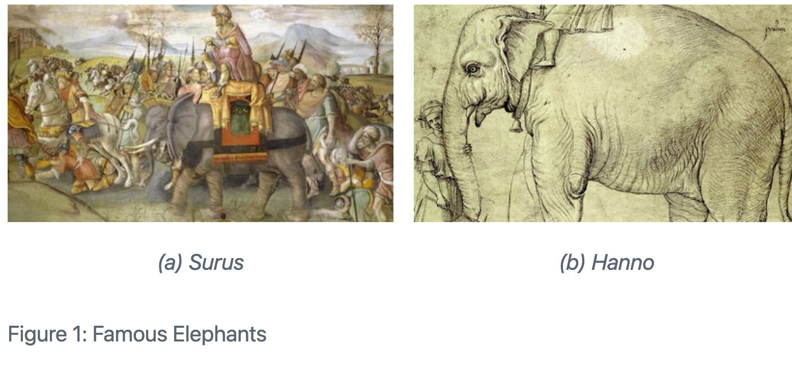 An artistic rendition of two elephant, Surus and Hanno.